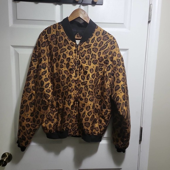 Vintage 90s SILK puffy Selene Paris leopard print bomber jacket Size Large - Picture 1 of 3
